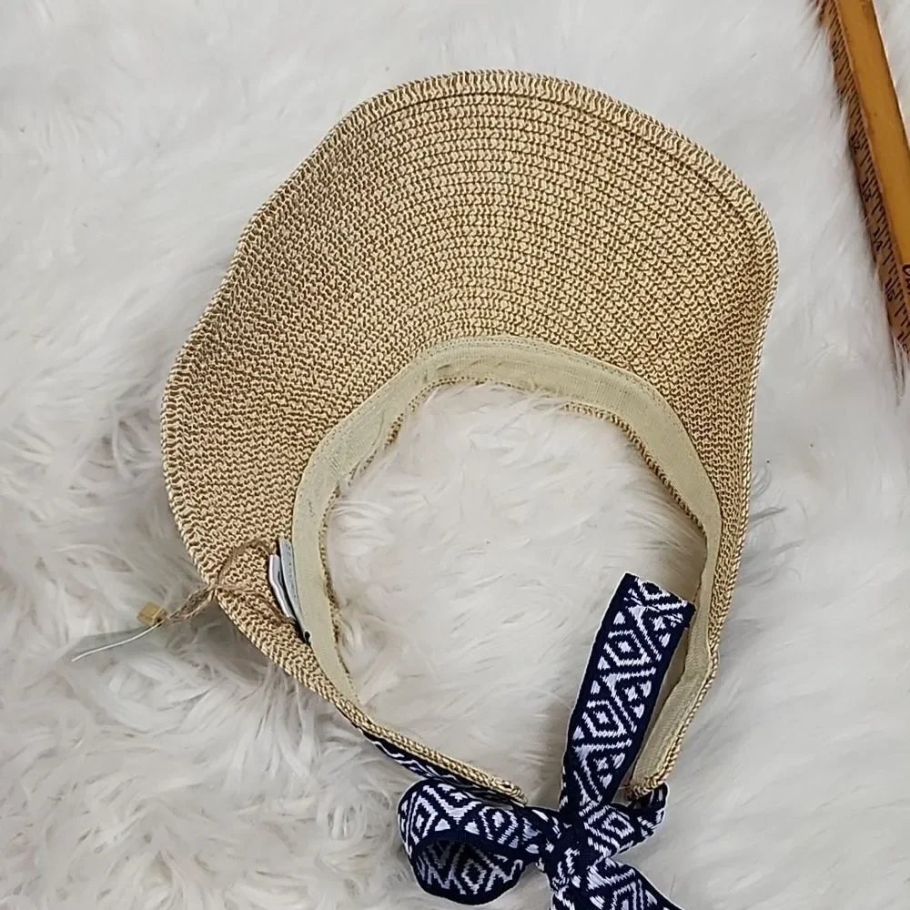 NWT Sea Grass Straw Visor with Navy and White Ribbon